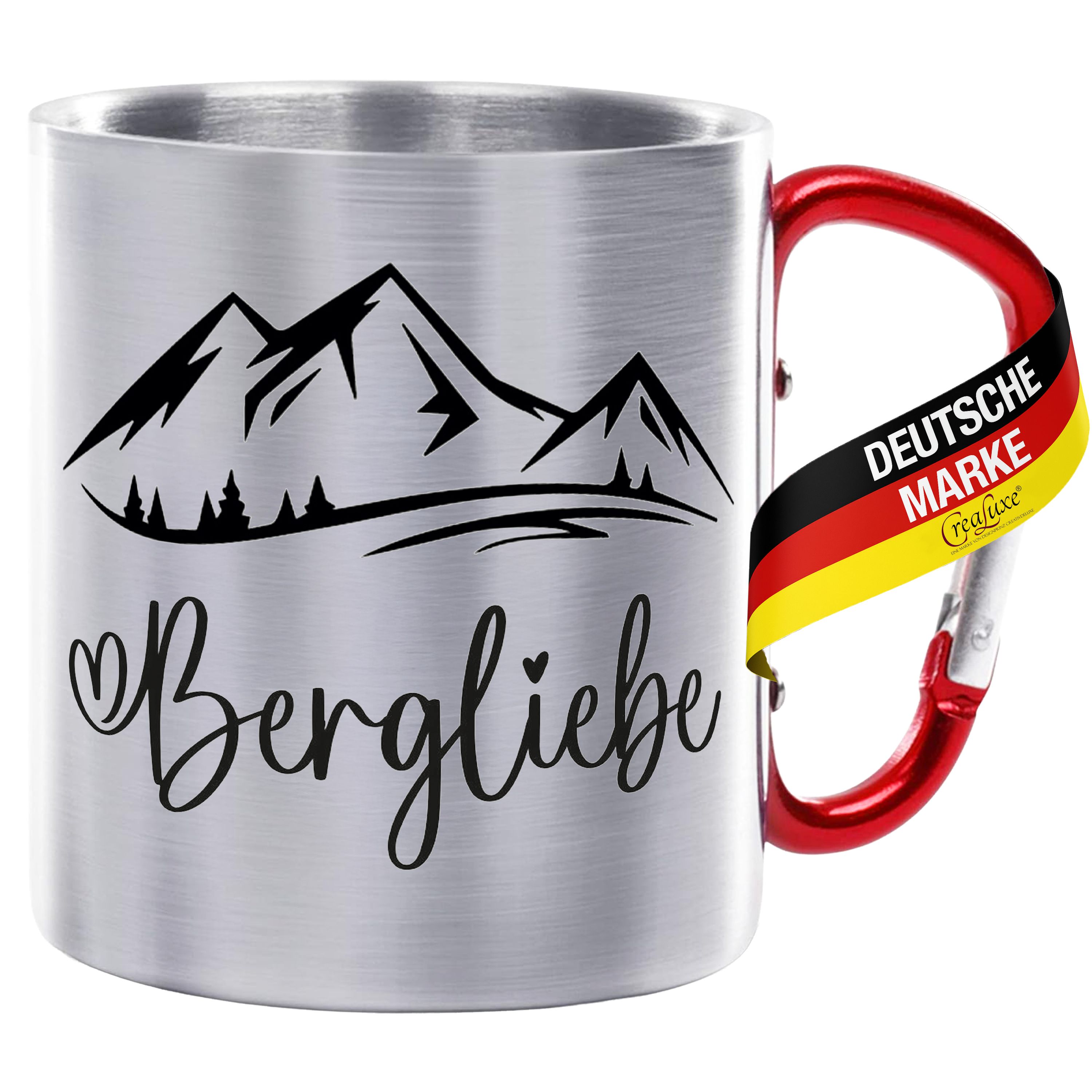 Edelstahltasse mit Karabiner - Bergliebe - Tasse bedruckt, Kaffeetasse, Bürotasse, Metalltasse mit Spruch