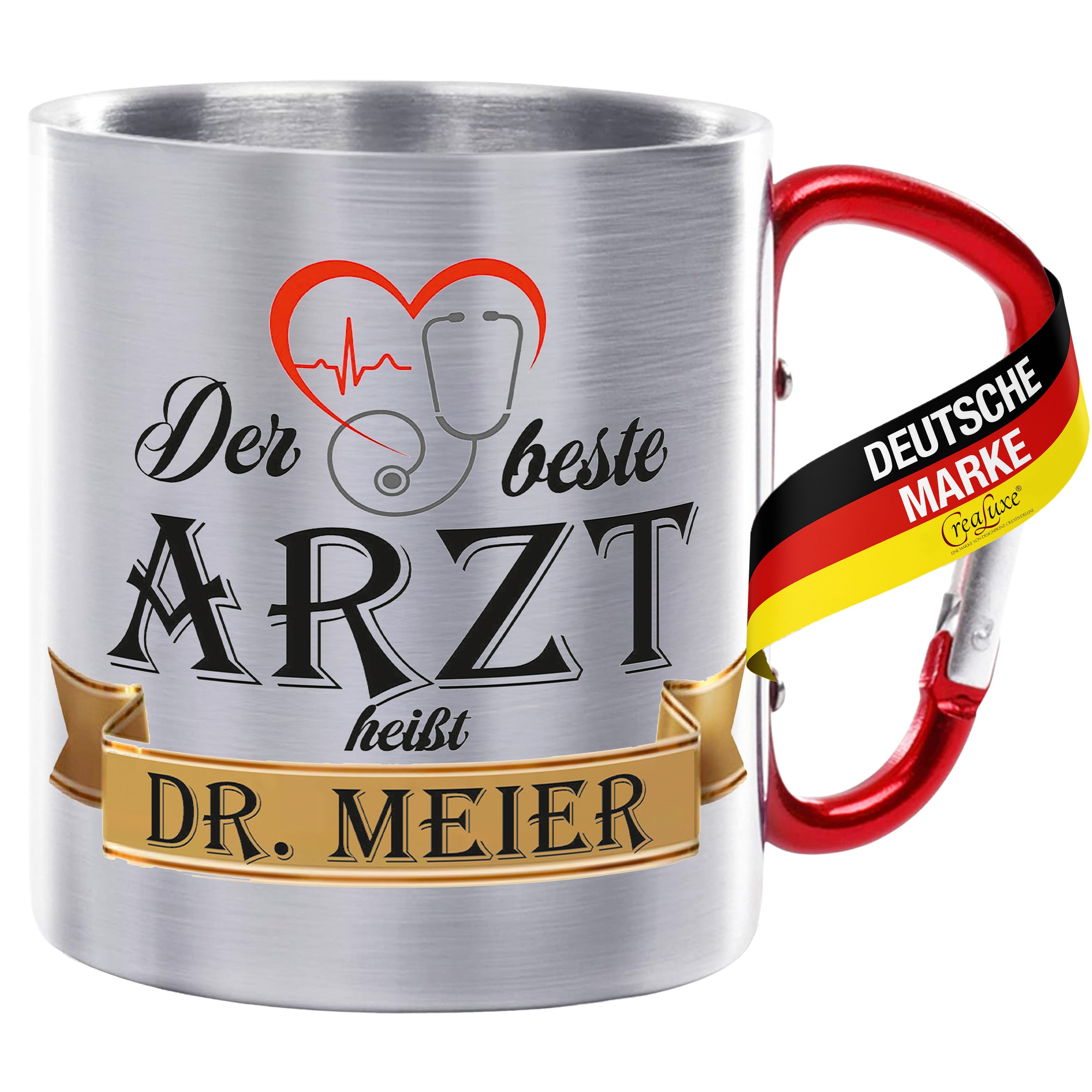 Edelstahltasse mit Karabiner - Der Beste Arzt heißt Wunschname - Tasse personalisiert, Kaffeetasse, Bürotasse, Metalltasse mit Name