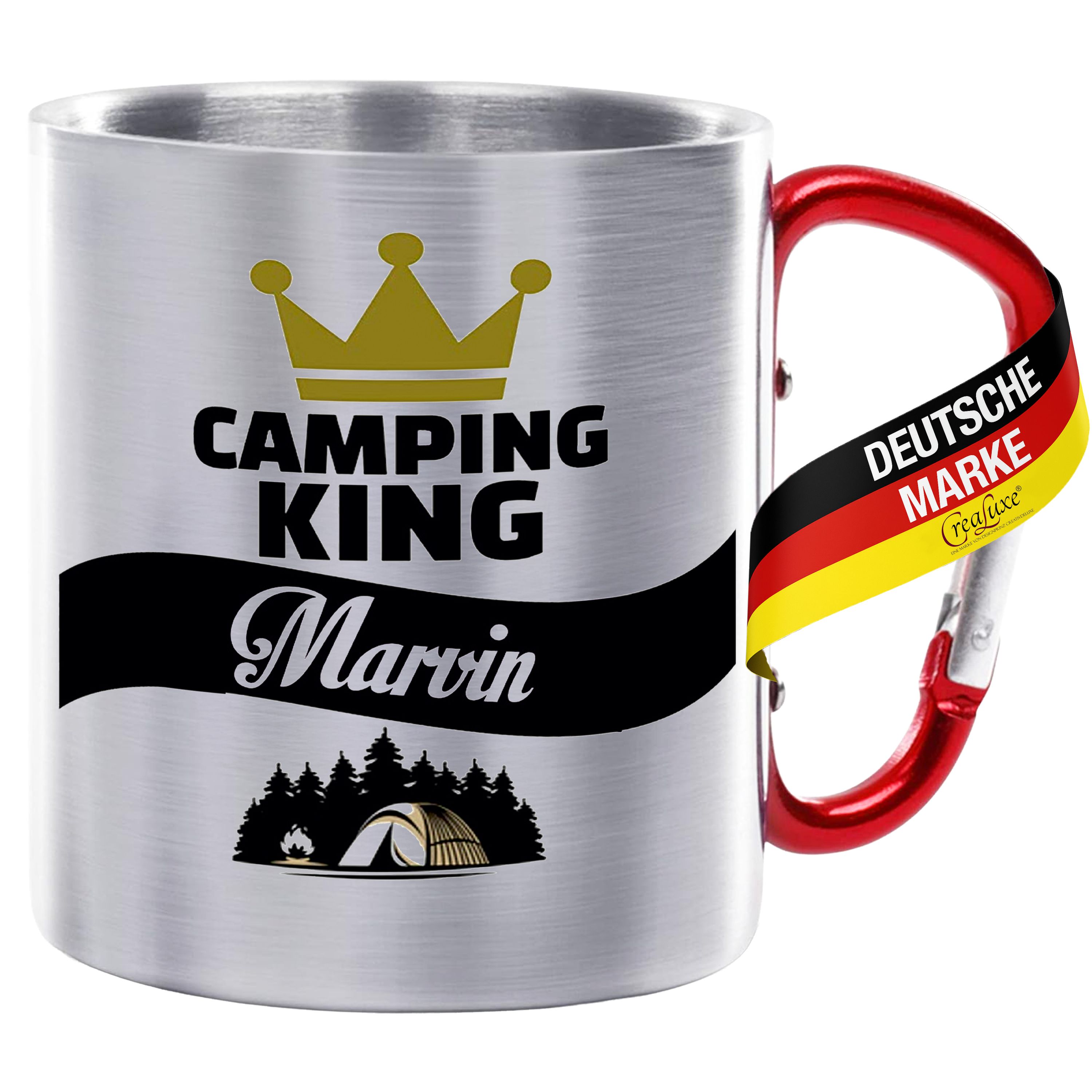 Edelstahltasse mit Karabiner - Camping - King Wunschname - Tasse personalisiert, Kaffeetasse, Bürotasse, Metalltasse mit Name
