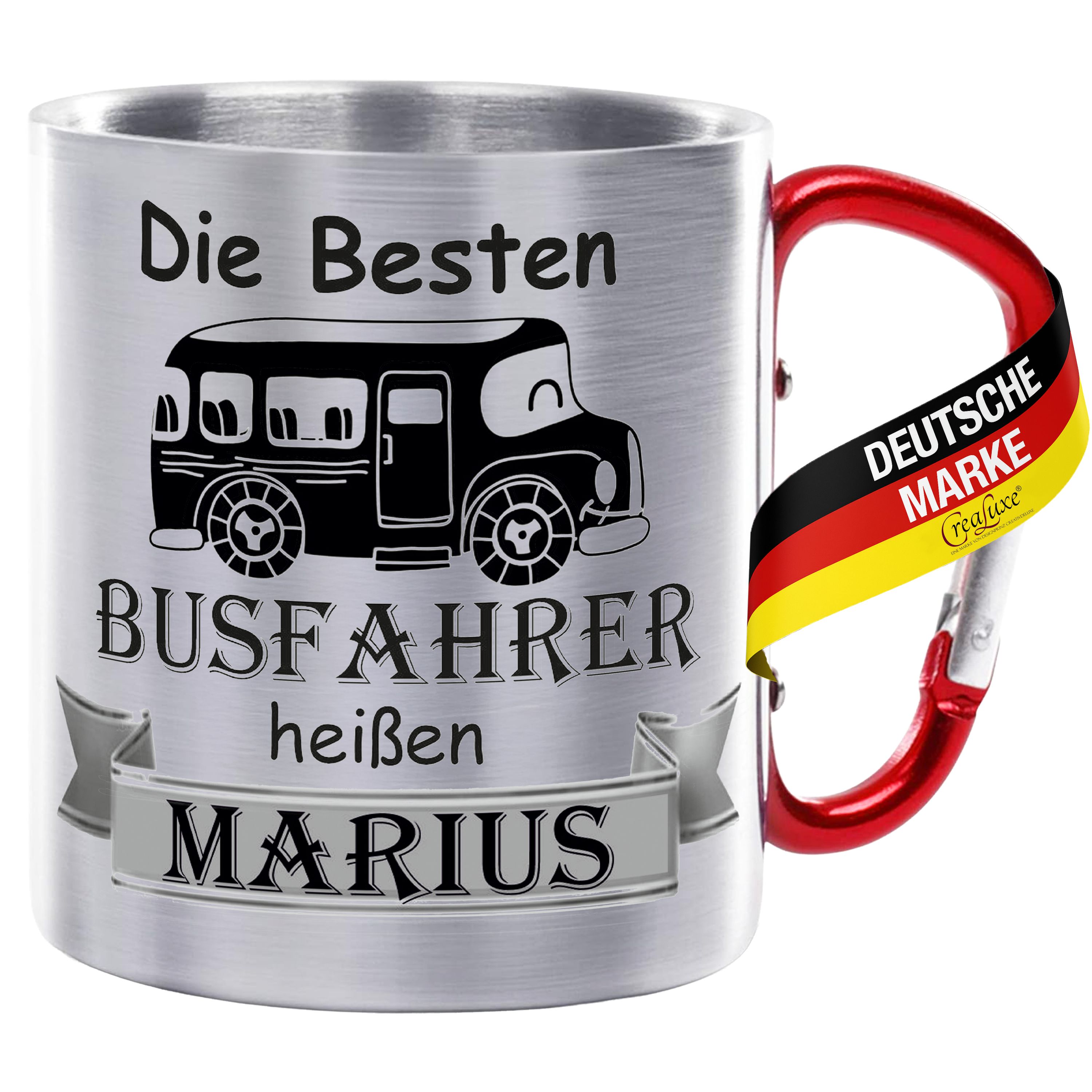 Edelstahltasse mit Karabiner - Die Besten Busfahrer heißen Wunschname - Tasse personalisiert, Kaffeetasse, Bürotasse, Metalltasse mit Name