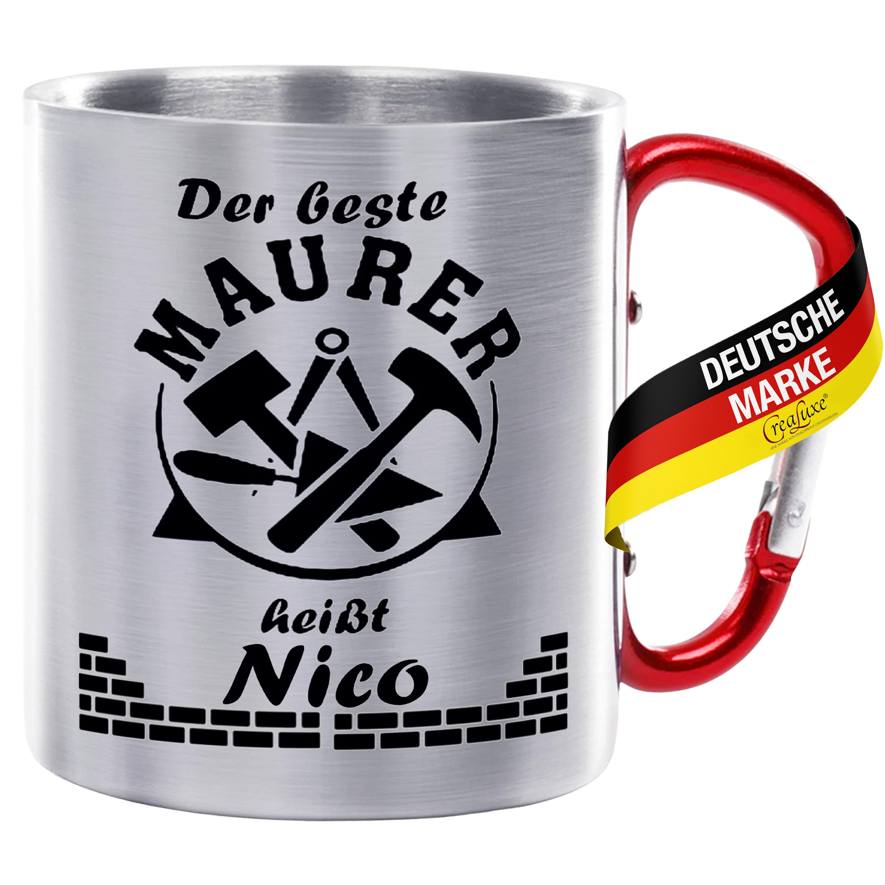 Edelstahltasse mit Karabiner - Der beste Maurer heißt Wunschname - Tasse personalisiert, Kaffeetasse, Bürotasse, Metalltasse mit Name