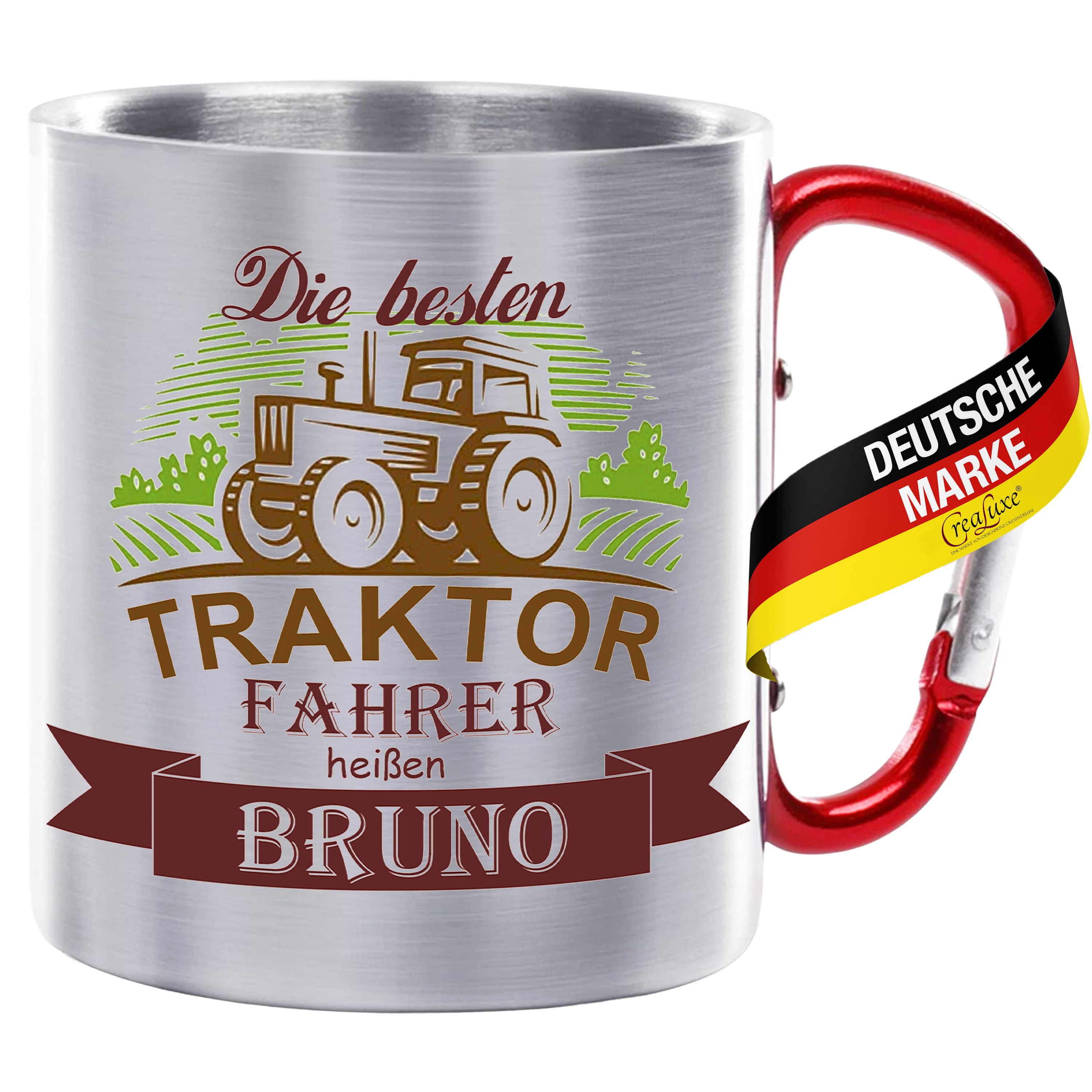 Edelstahltasse mit Karabiner - Die Besten Traktor Fahrer heißen Wunschname - Tasse personalisiert, Kaffeetasse, Bürotasse, Metalltasse mit Name