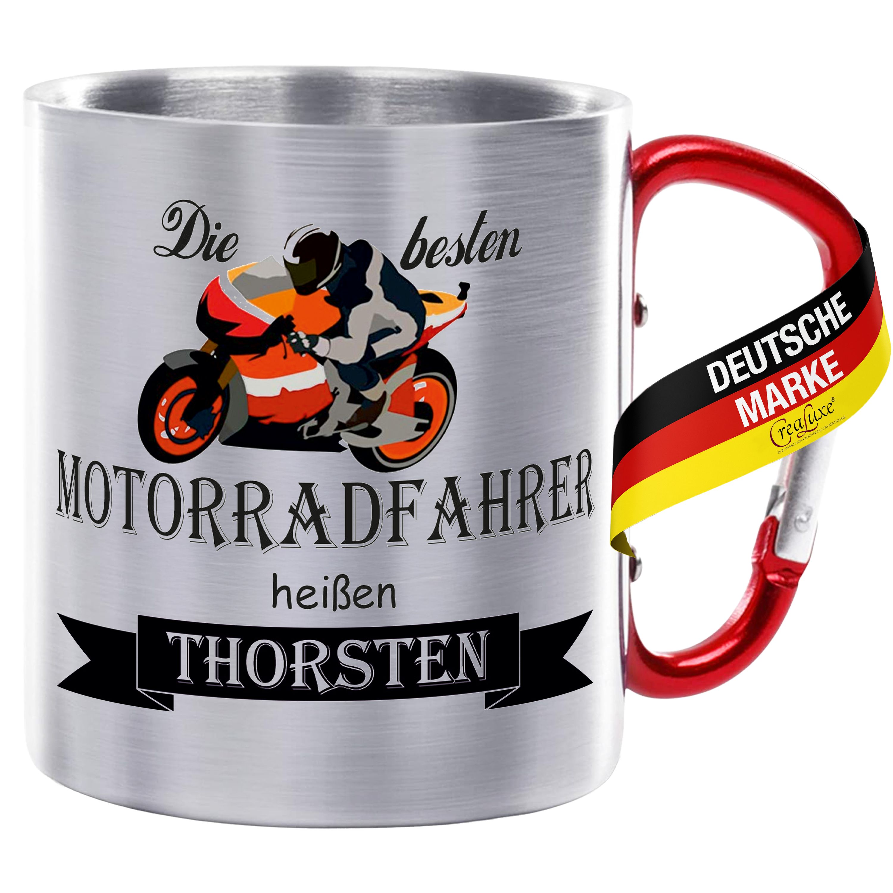 Edelstahltasse mit Karabiner - Die besten Motorradfahrer heißen Wunschname - Tasse personalisiert, Kaffeetasse, Bürotasse, Metalltasse mit Name