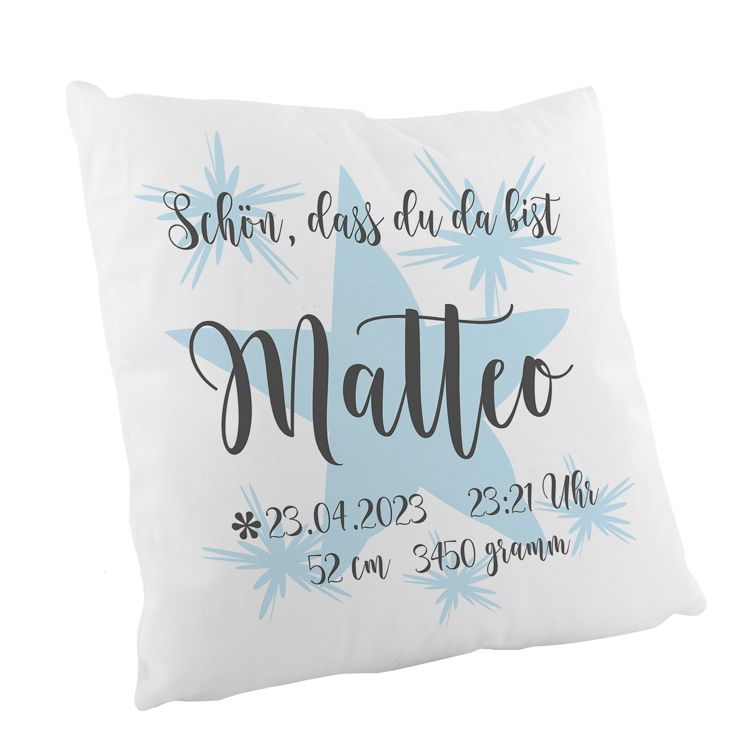 Crealuxe flauschiges Kissen - Geschenk Geburt Junge - personalisiert, bedrucktes Kissen, Dekokissen zur Geburt