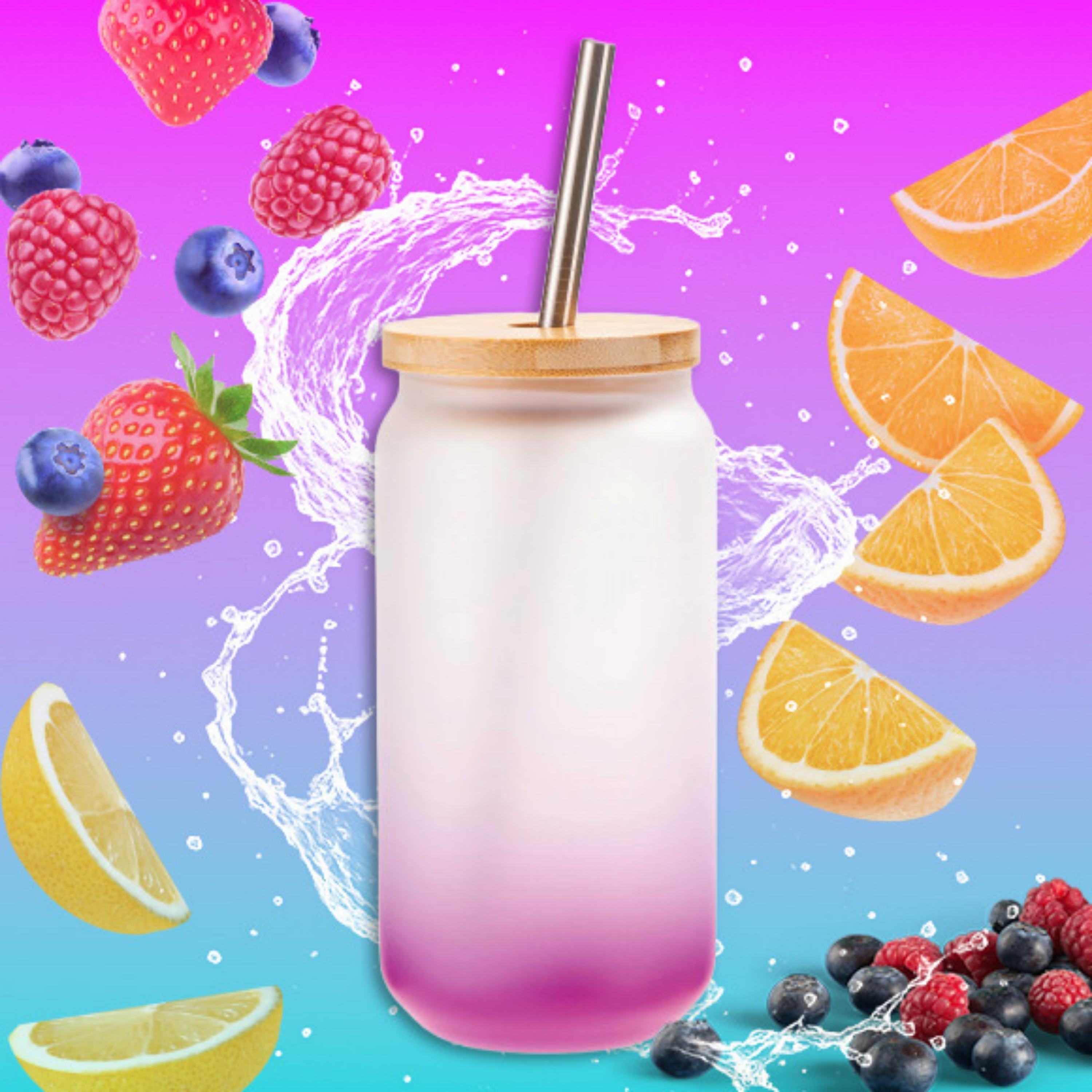 CreaLuxe Trinkglas 520 ml mit Bambusdeckel & Edelstahl-Strohhalm – Ohne Veredelung - satiniert mit Farbverlauf Lila, Made in Germany - perfekt für den Sommer