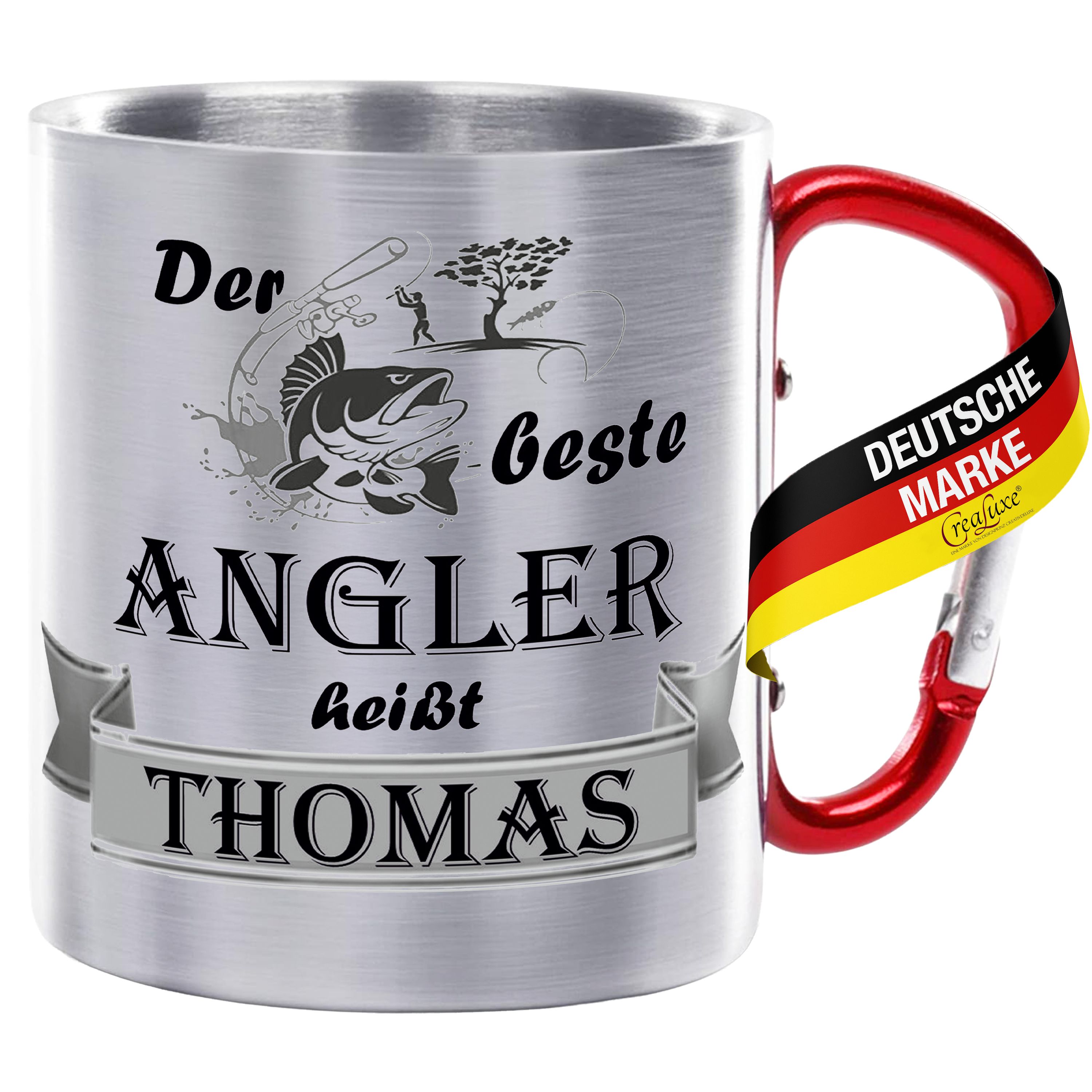 Edelstahltasse mit Karabiner - Der Beste Angler heißt Wunschname - Tasse personalisiert, Kaffeetasse, Bürotasse, Metalltasse mit Name