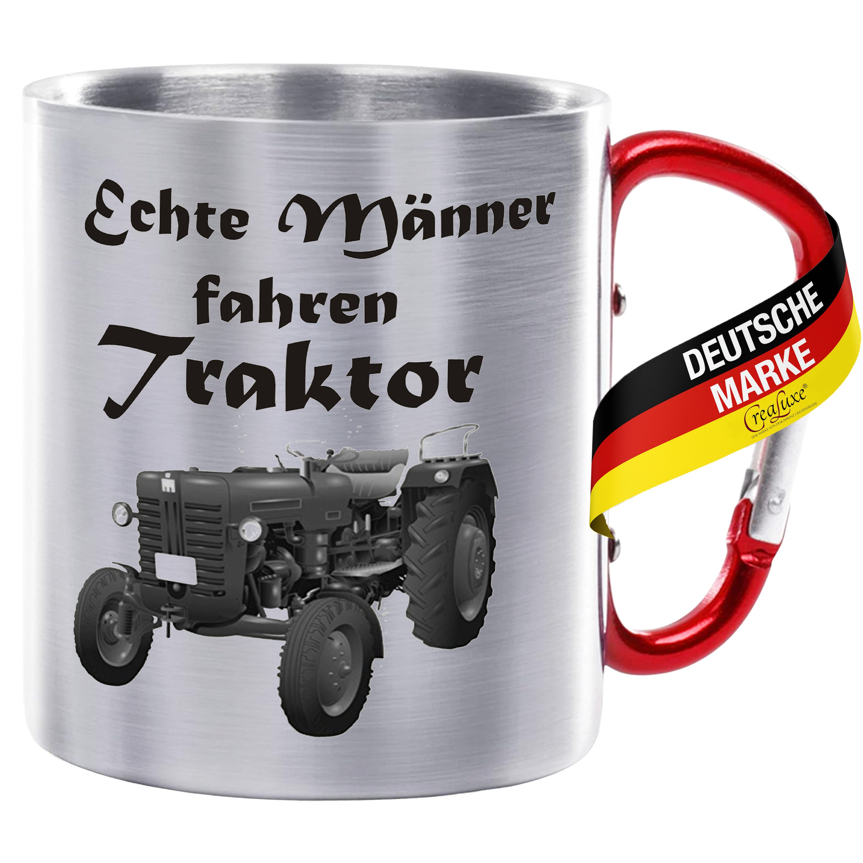 Edelstahltasse mit Karabiner - Echte Männer fahren Traktor - Tasse bedruckt, Kaffeetasse, Bürotasse, Metalltasse mit Spruch
