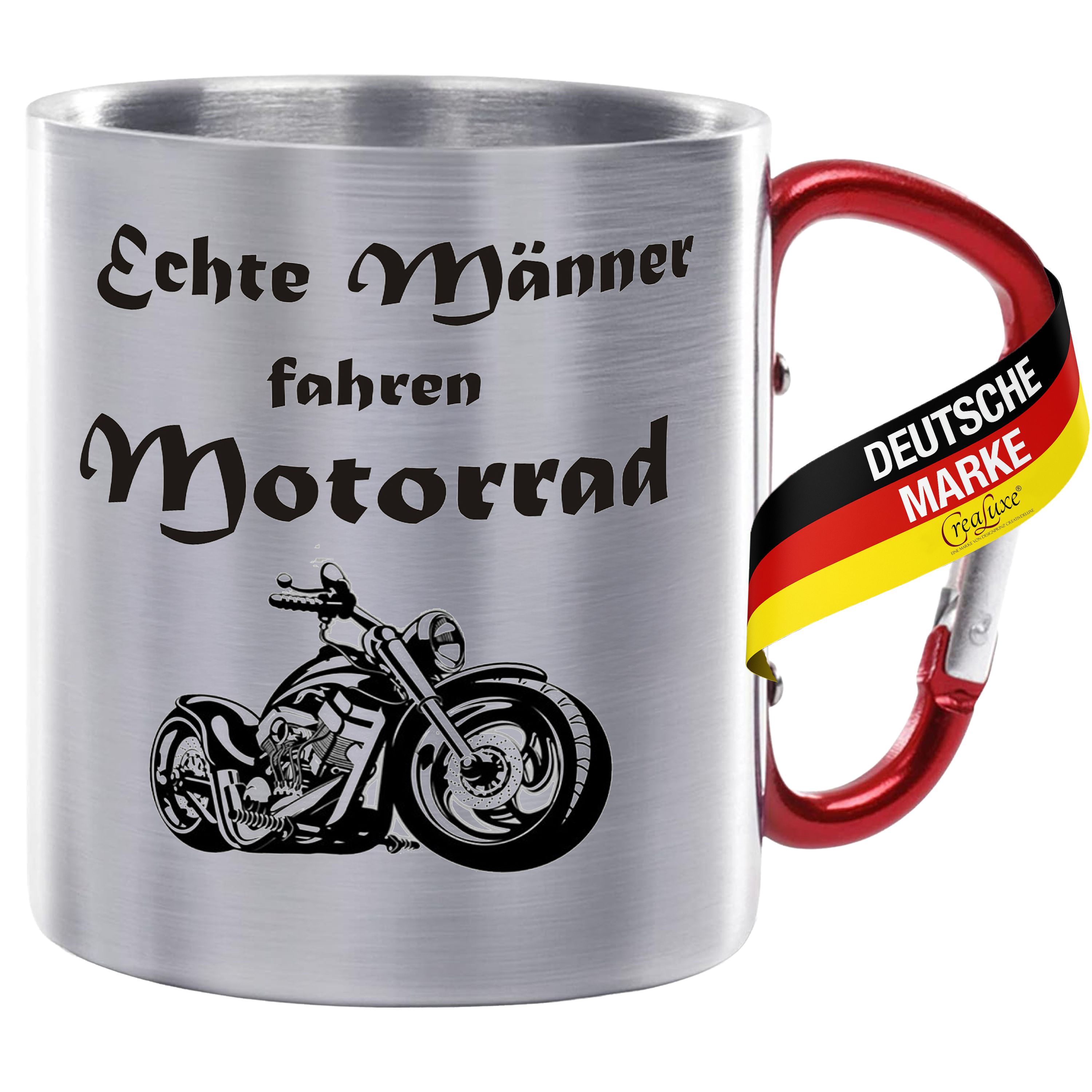 Edelstahltasse mit Karabiner - Echte Männer fahren Motorrad - Tasse bedruckt, Kaffeetasse, Bürotasse, Metalltasse mit Spruch