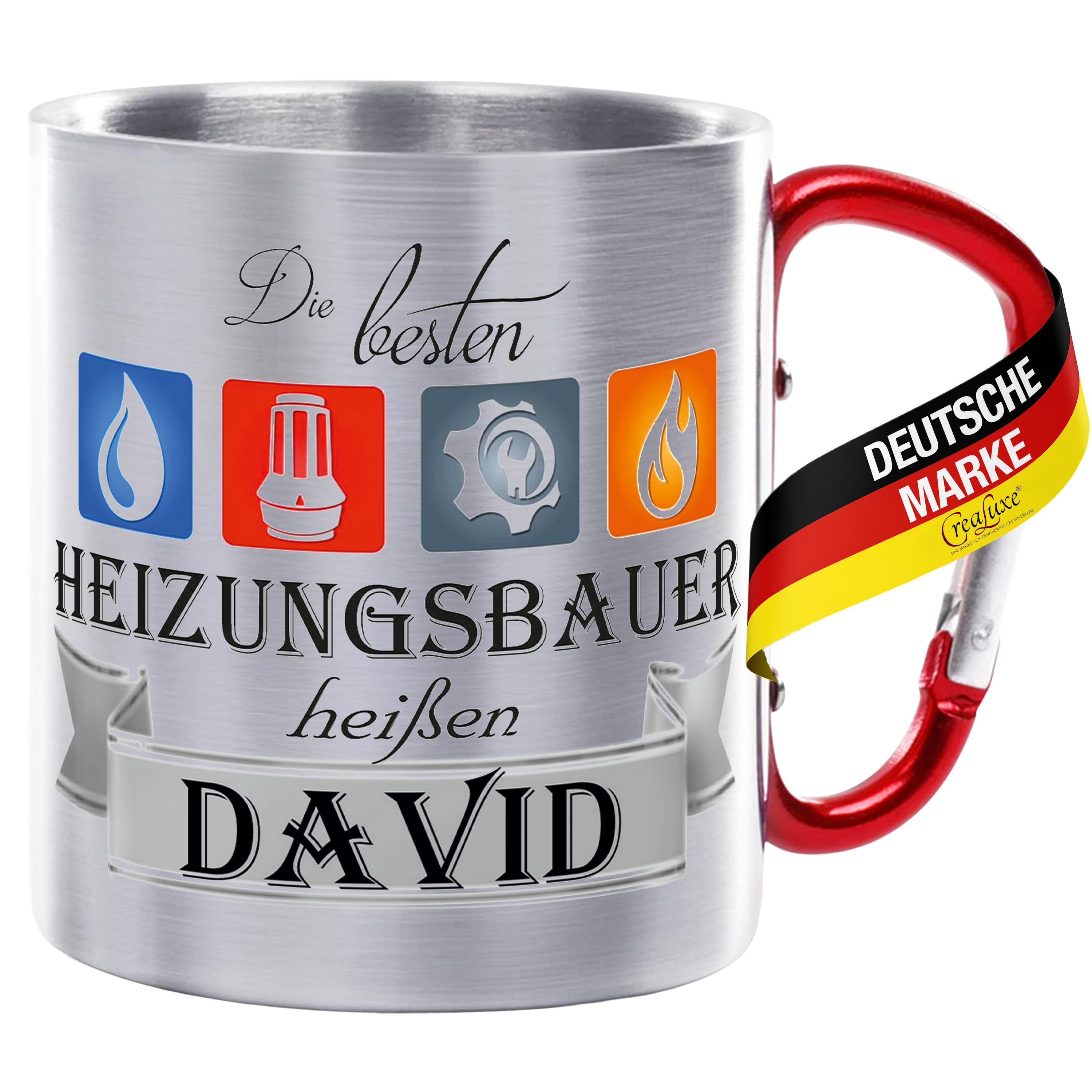 Edelstahltasse mit Karabiner - Die Besten Heizungsbauer heißen Wunschname - Tasse personalisiert, Kaffeetasse, Bürotasse, Metalltasse mit Name