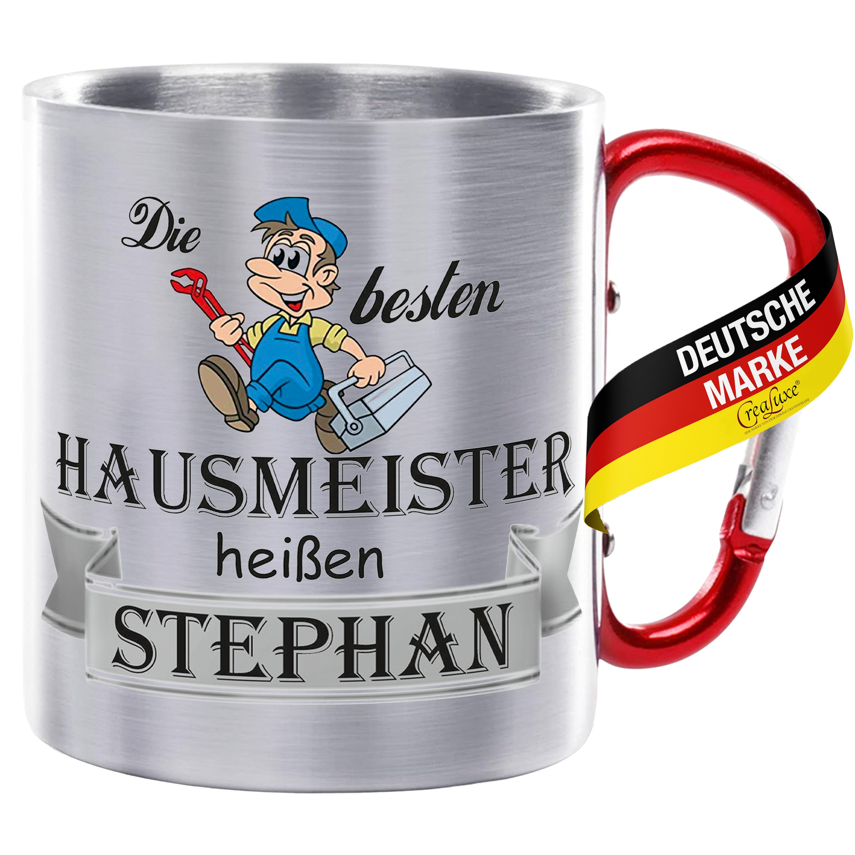 Edelstahltasse mit Karabiner - Die Besten Hausmeister heißen Wunschname - Tasse personalisiert, Kaffeetasse, Bürotasse, Metalltasse mit Name
