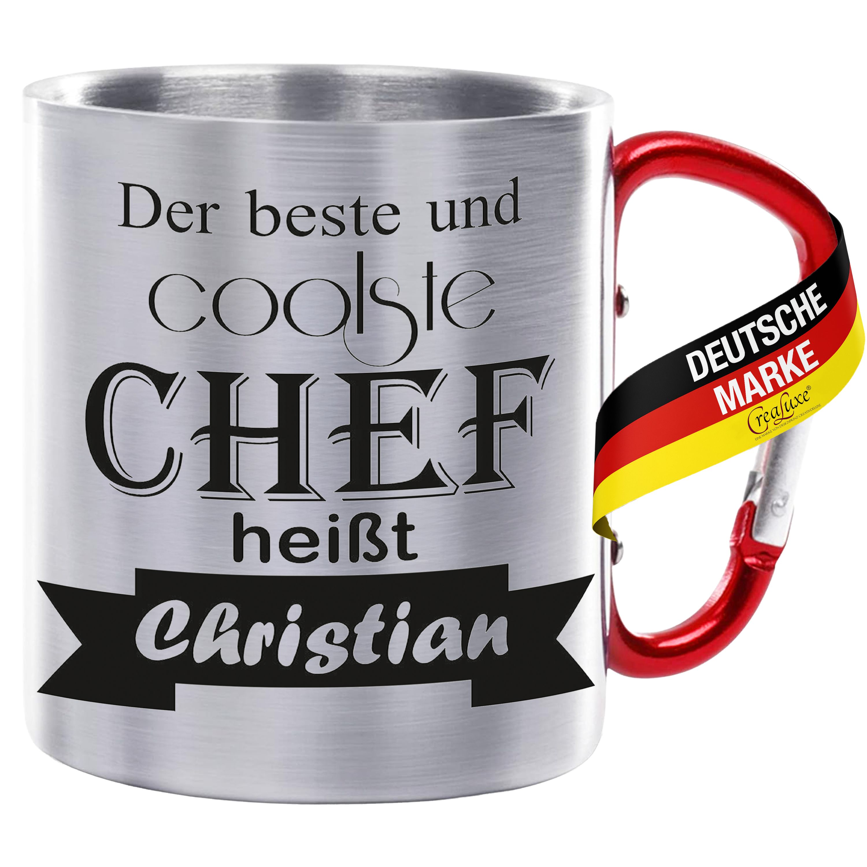 Edelstahltasse mit Karabiner - Der beste und coolste Chef heißt Wunschname - Tasse personalisiert, Kaffeetasse, Bürotasse, Metalltasse mit Name