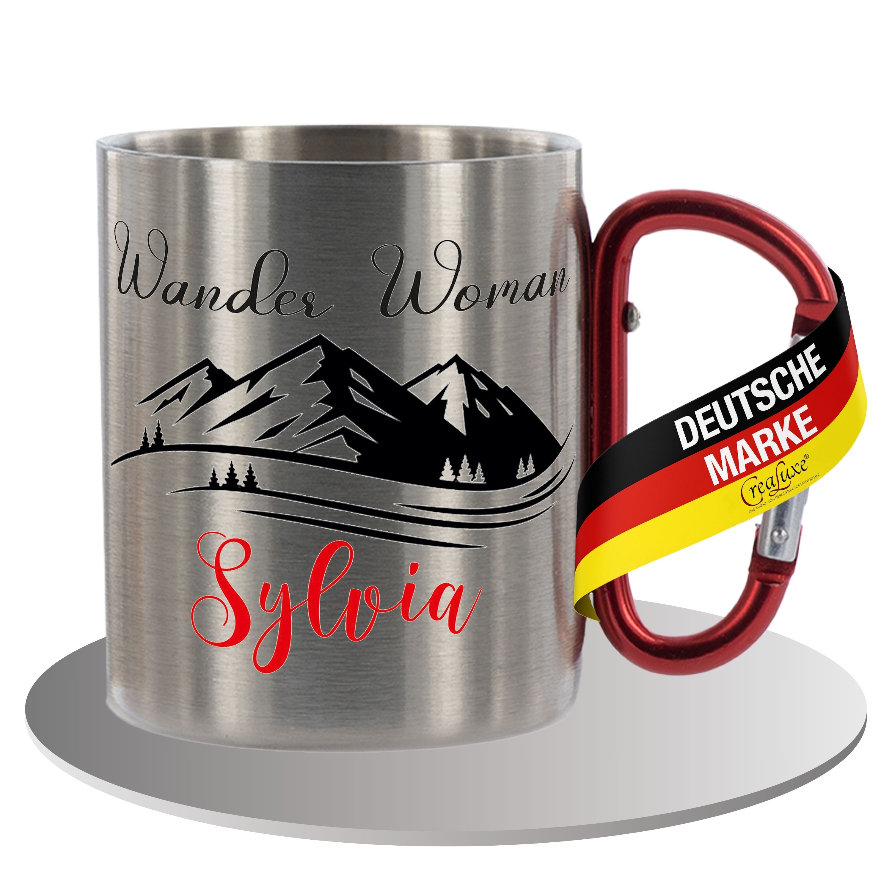 Edelstahltasse mit Karabiner - Wander Woman mit Wunschname - Tasse personalisiert, Kaffeetasse, Bürotasse, Metalltasse mit Name