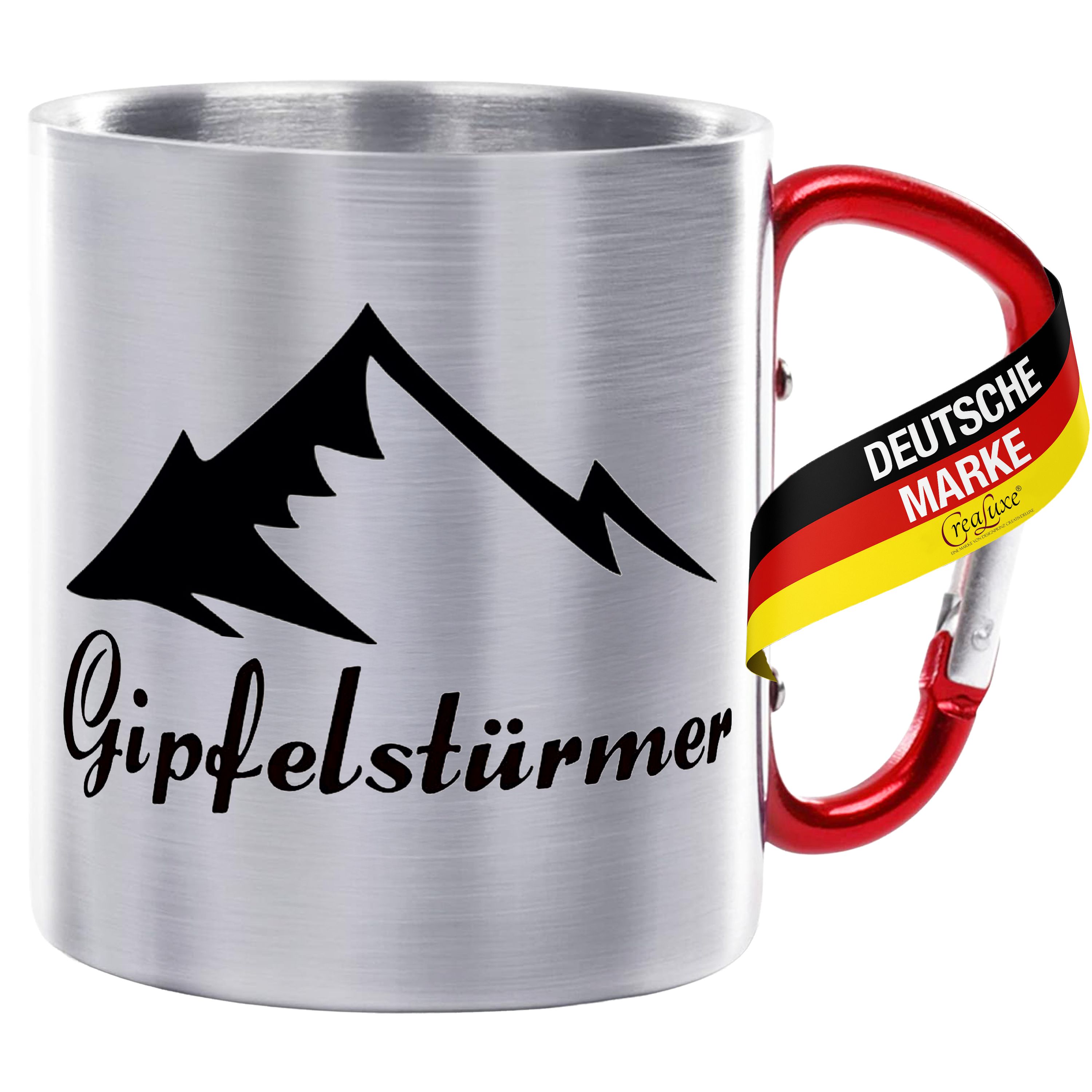 Edelstahltasse mit Karabiner - Gipfelstürmer - Tasse bedruckt, Kaffeetasse, Bürotasse, Metalltasse mit Spruch