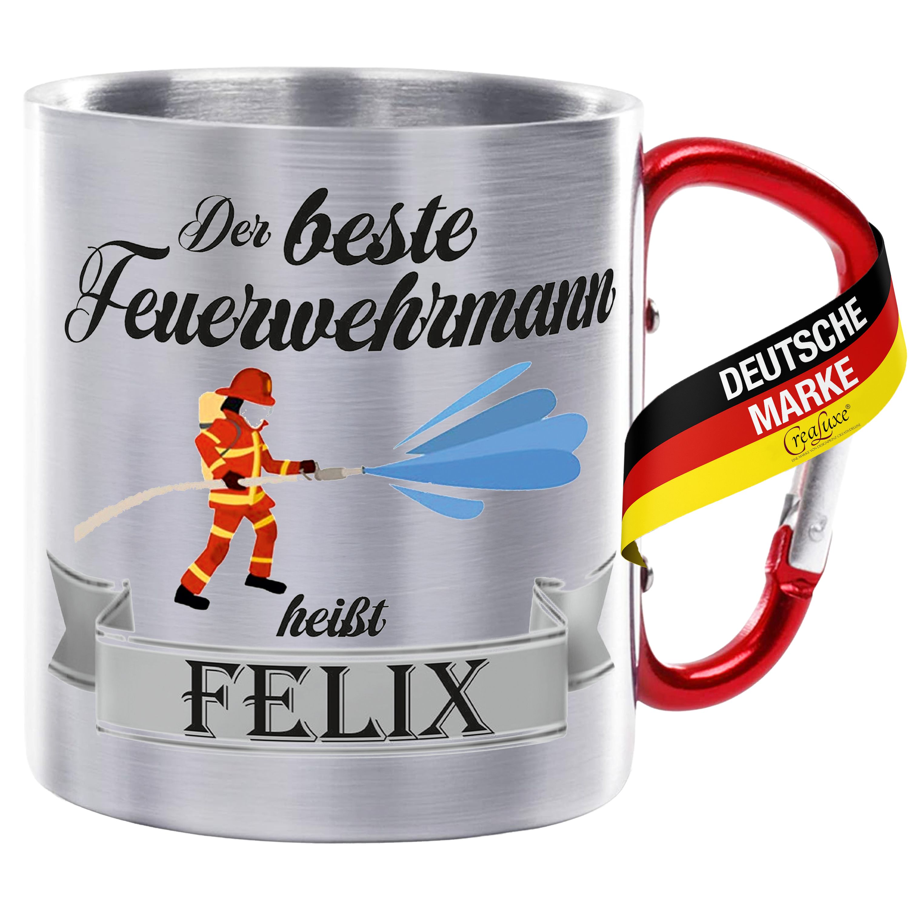 Edelstahltasse mit Karabiner - Der Beste Feuerwehrmann heißt Wunschname - Tasse personalisiert, Kaffeetasse, Bürotasse, Metalltasse mit Name