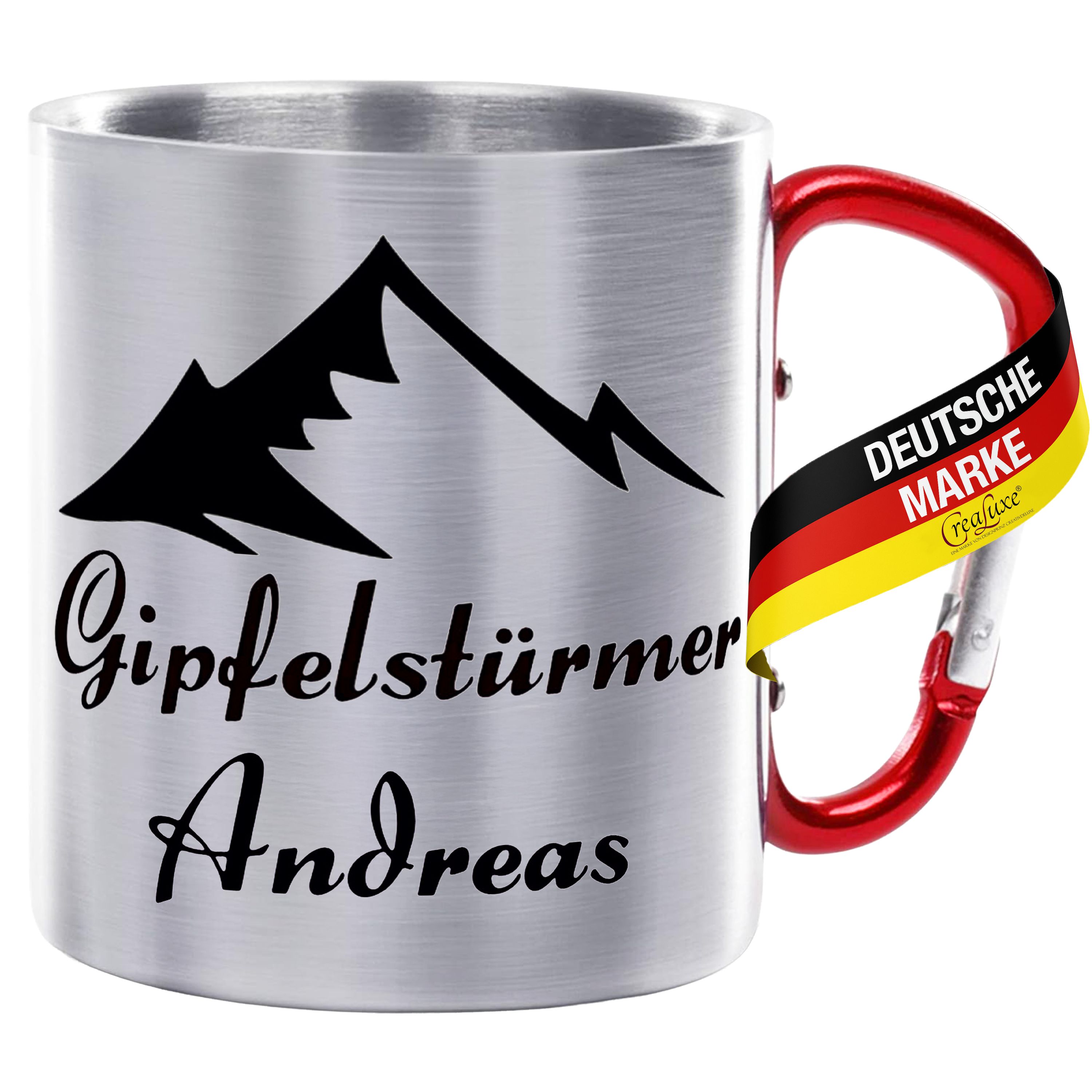 Edelstahltasse mit Karabiner - Gipfelstürmer (Wunsch Name) - Tasse personalisiert - Kaffeetasse - Bürotasse - Personalisierte Geschenke - Personalisierte Tasse mit Namen