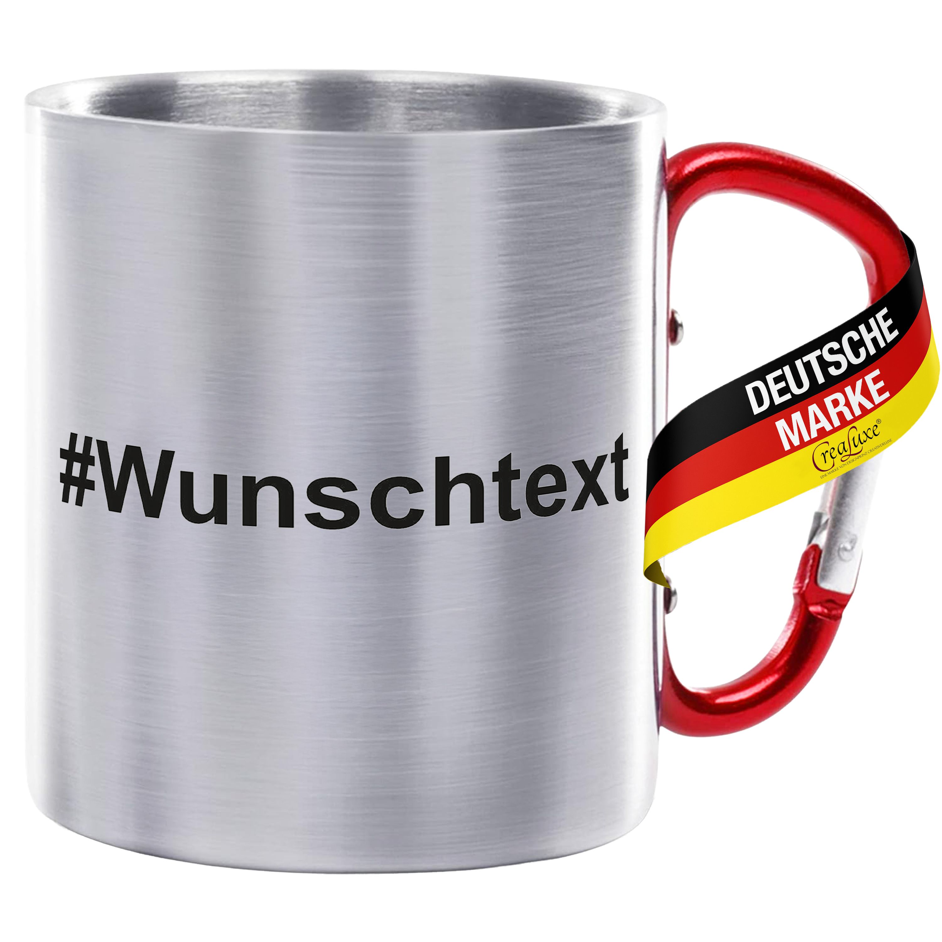 Edelstahltasse mit Karabiner - # Wunschtext - Tasse personalisiert, Kaffeetasse, Bürotasse, Metalltasse mit Name, Gravur