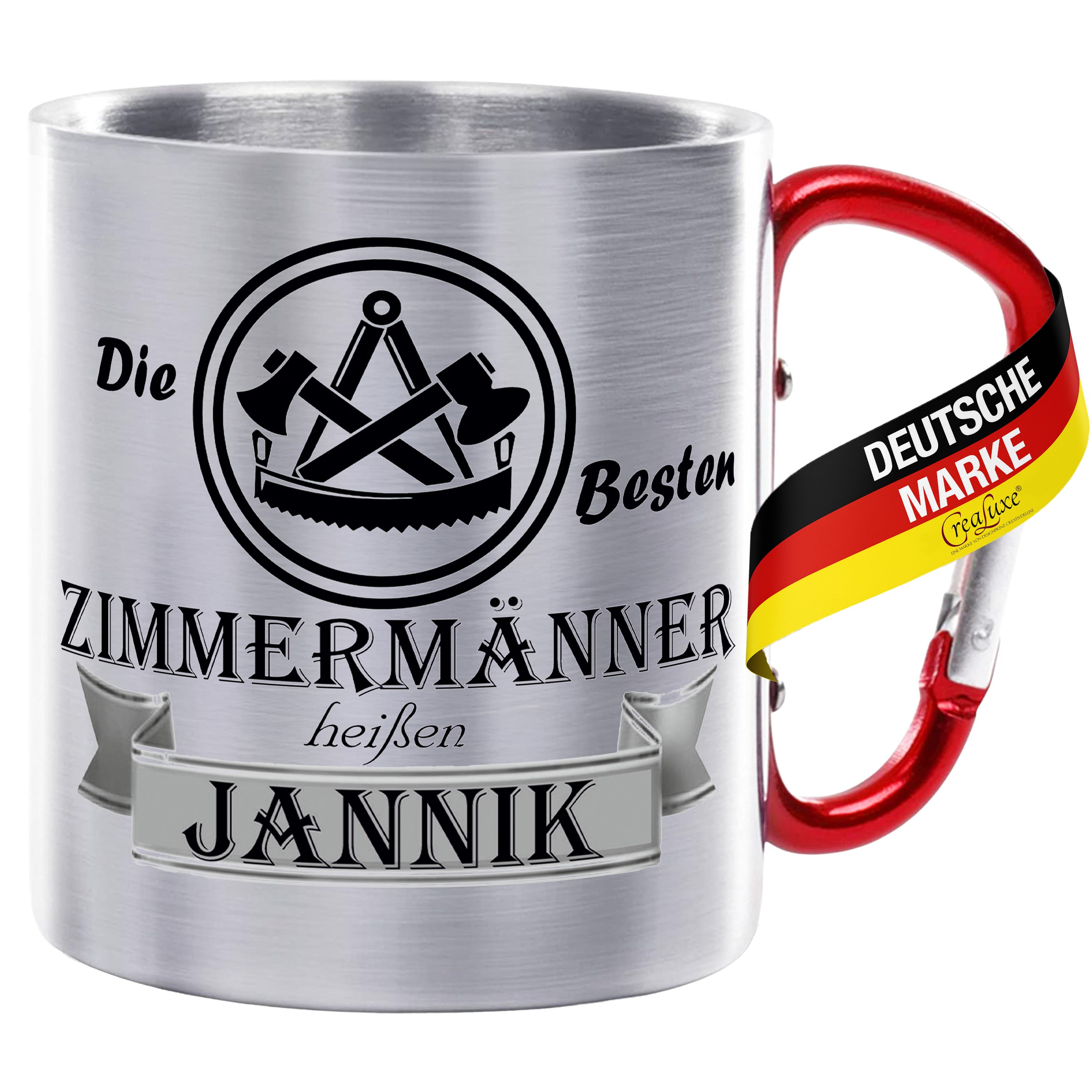 Edelstahltasse mit Karabiner - Die Besten Zimmermänner heißen Wunschname - Tasse personalisiert, Kaffeetasse, Bürotasse, Metalltasse mit Name