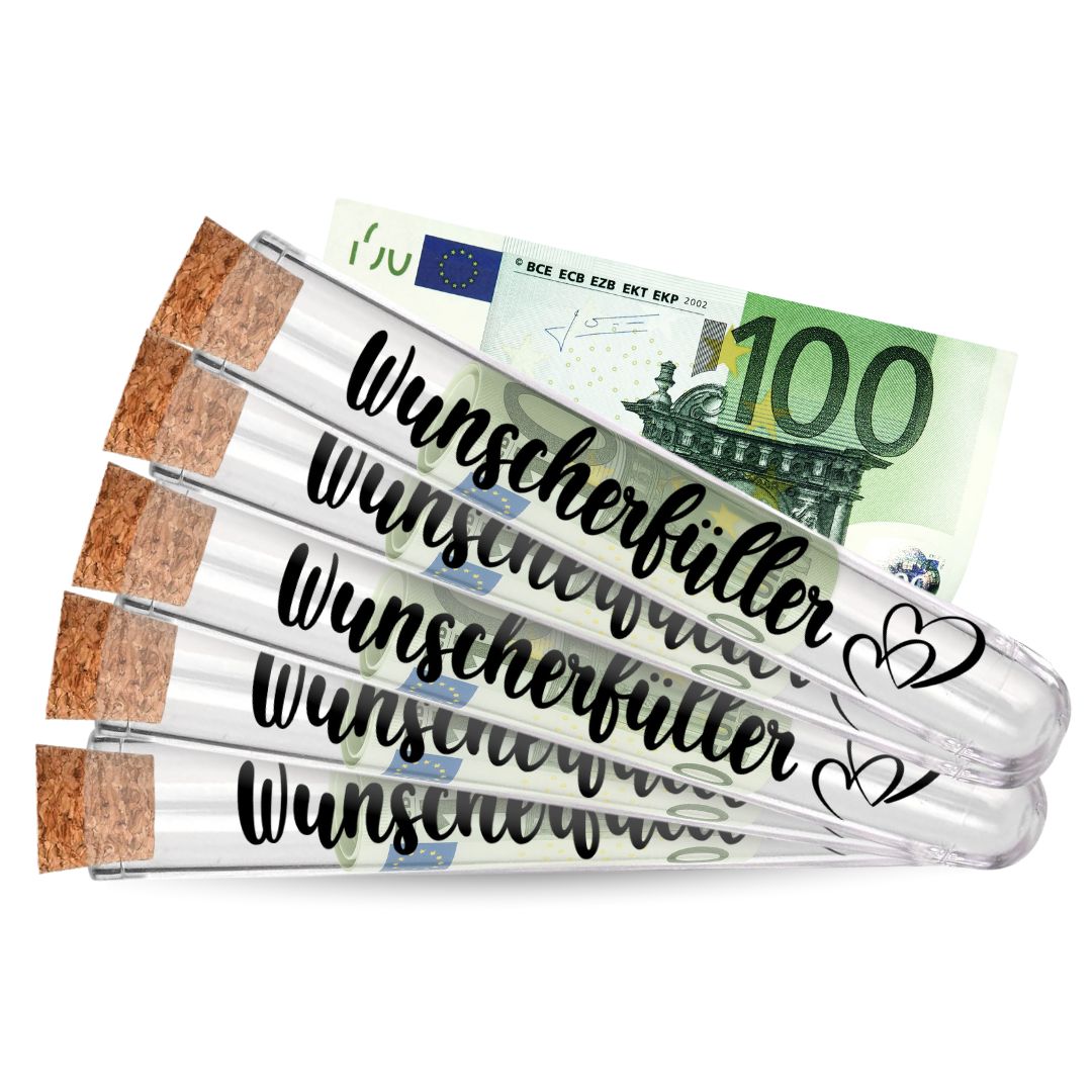 5er Pack -  Wunscherfüller im Reagenzglas – Kreatives Geldgeschenk mit Herz 