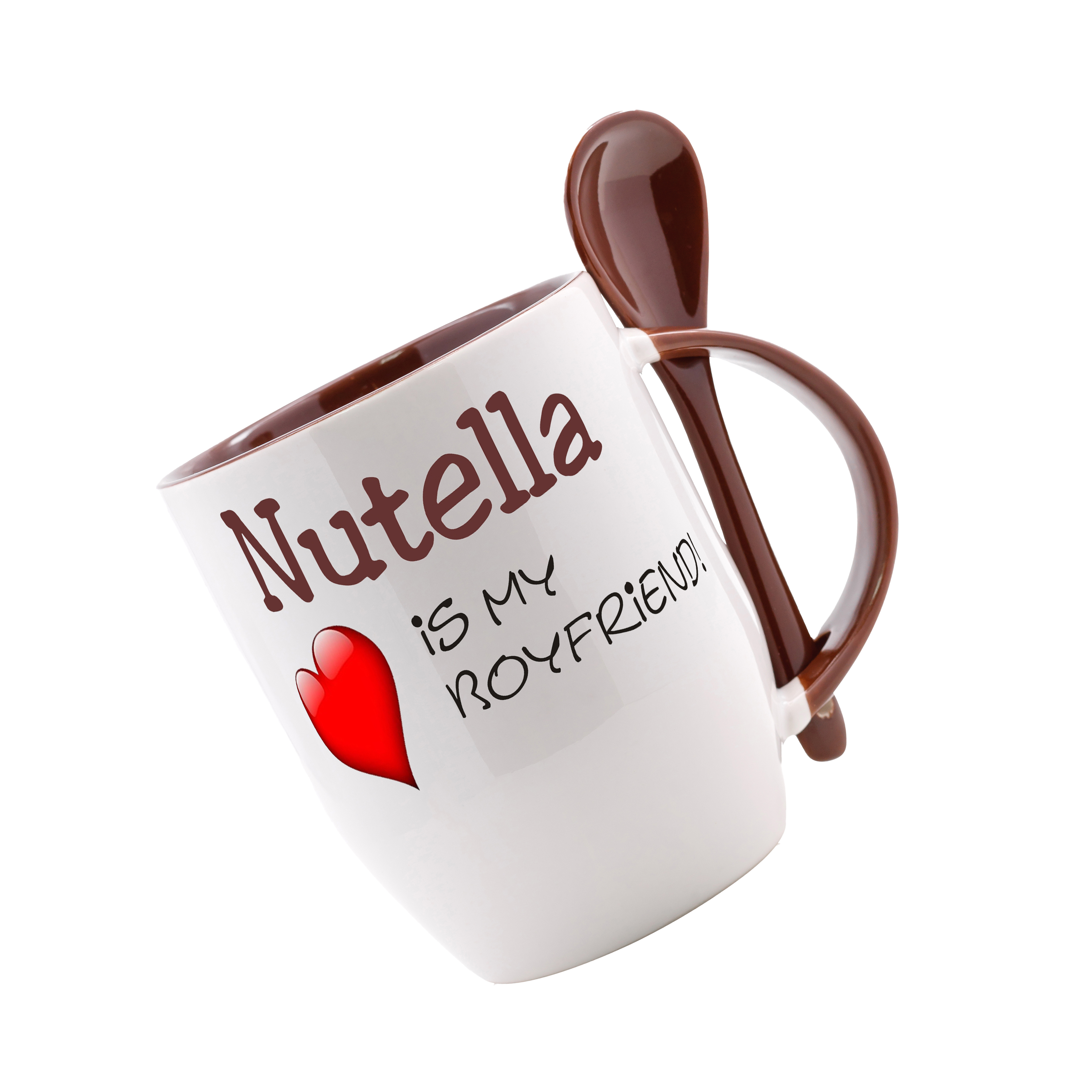 Crealuxe Löffeltasse - Nutella is my Boyfriend - Tasse mit Löffel, bedruckt, Kaffeetasse mit Motiv, Bürotasse