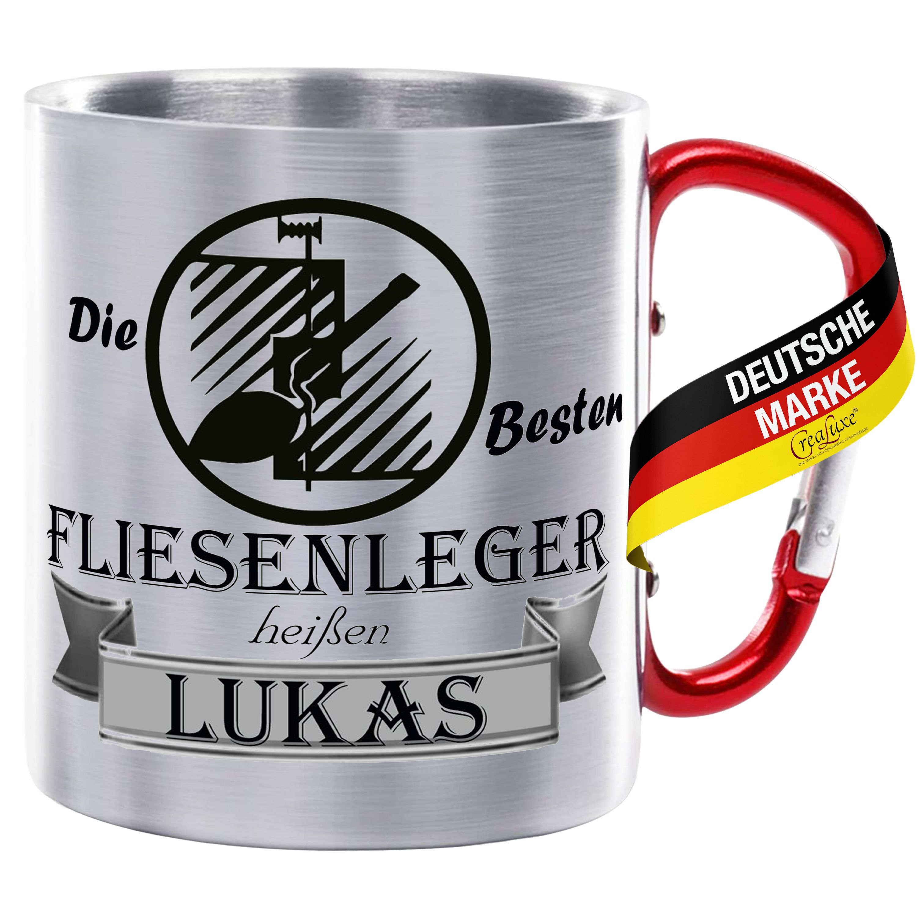 Edelstahltasse mit Karabiner - Die Besten Fliesenleger heißen Wunschname - Tasse personalisiert, Kaffeetasse, Bürotasse, Metalltasse mit Name