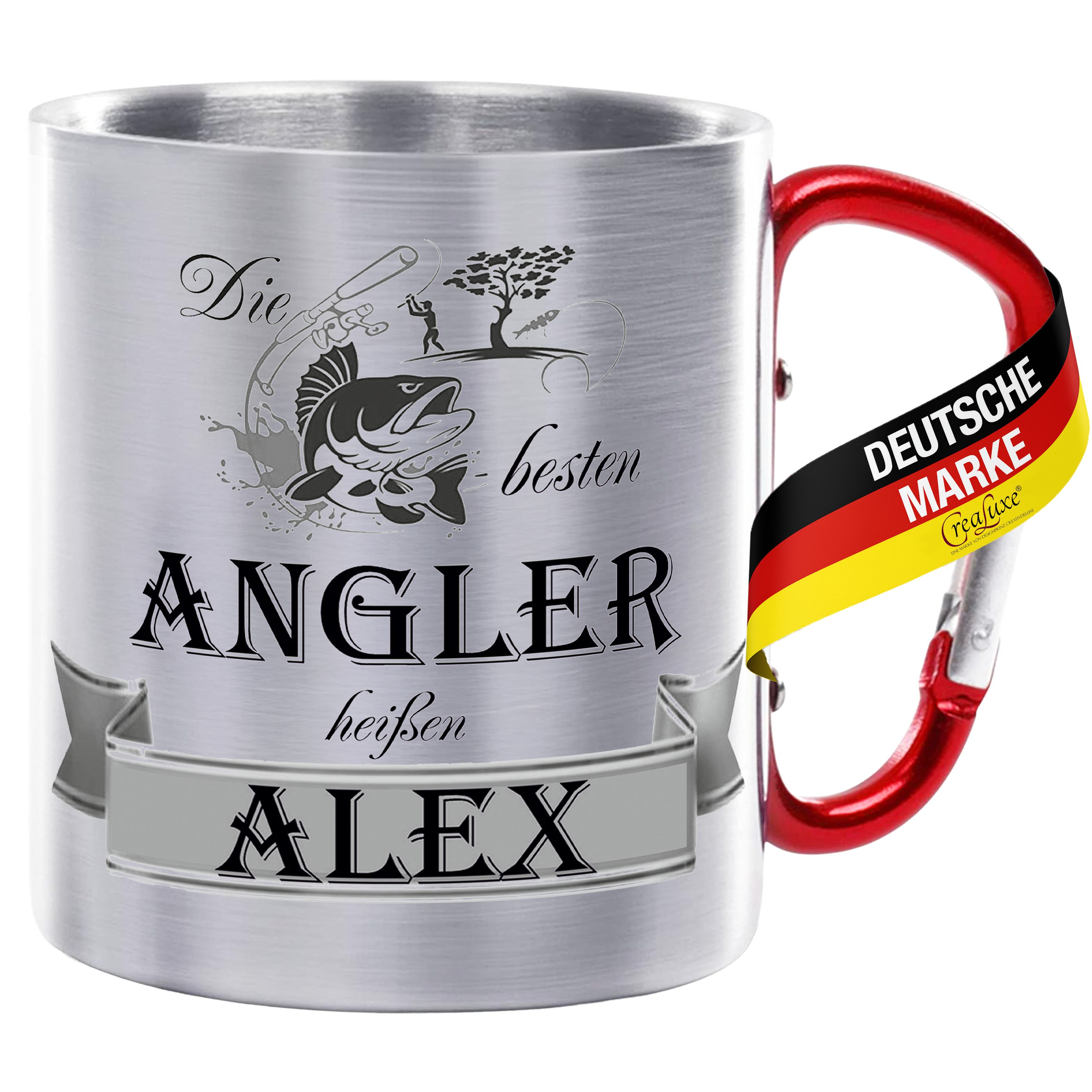 Edelstahltasse mit Karabiner - Die Besten Angler heißen Wunschname - Tasse personalisiert, Kaffeetasse, Bürotasse, Metalltasse mit Name