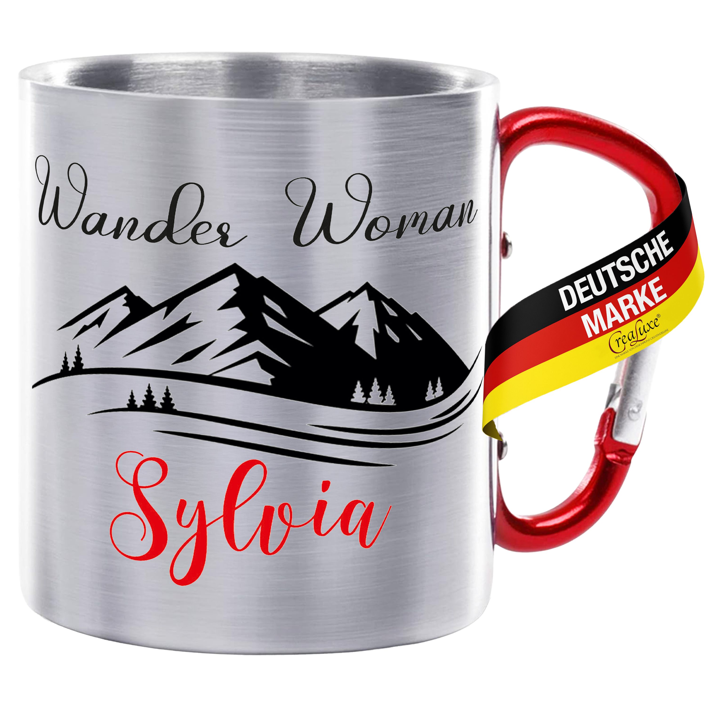 Edelstahltasse mit Karabiner - Wander Woman mit Wunschname - Tasse personalisiert, Kaffeetasse, Bürotasse, Metalltasse mit Name