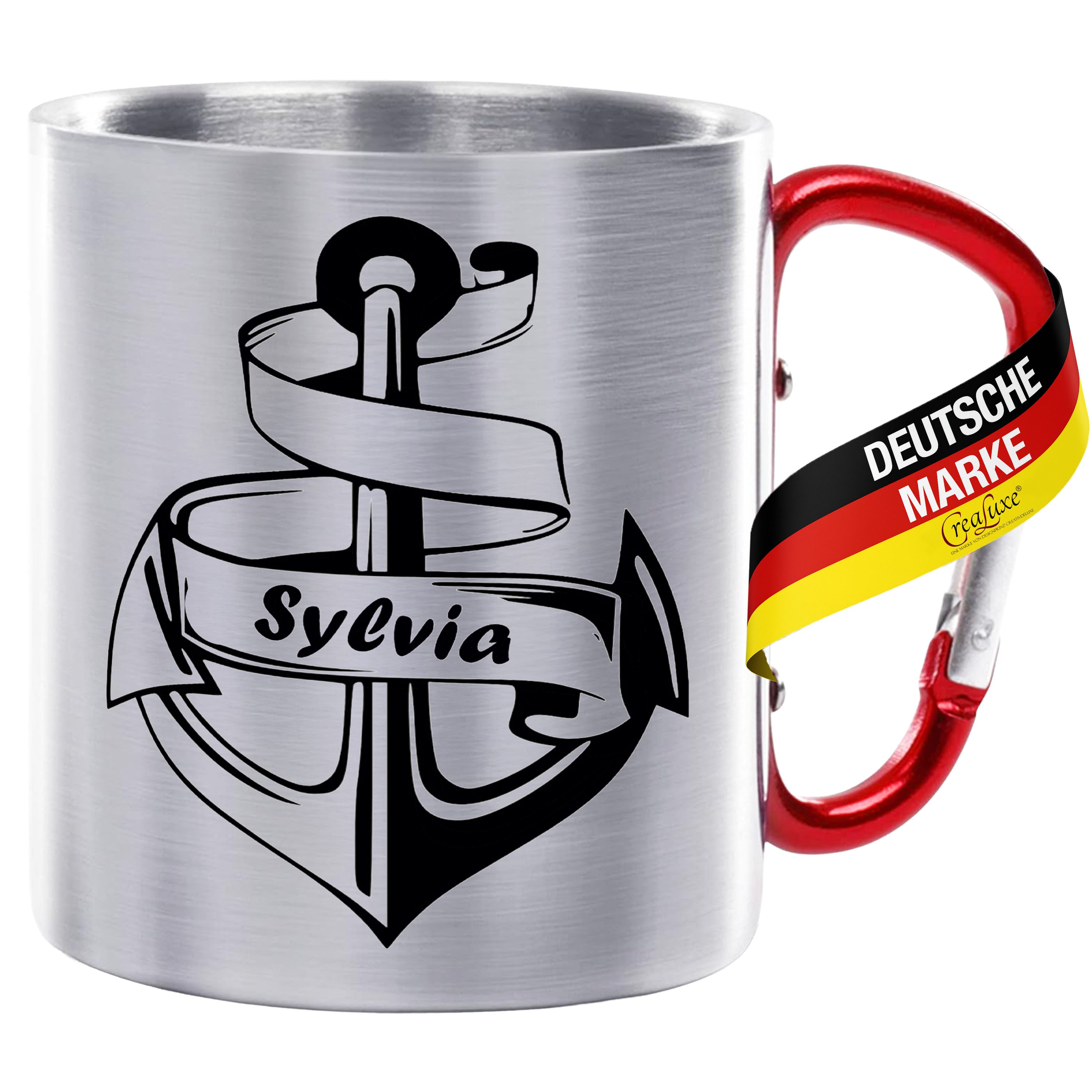 Edelstahltasse mit Karabiner - Anker mit Wunschname - Tasse personalisiert, Kaffeetasse, Bürotasse, Metalltasse mit Name