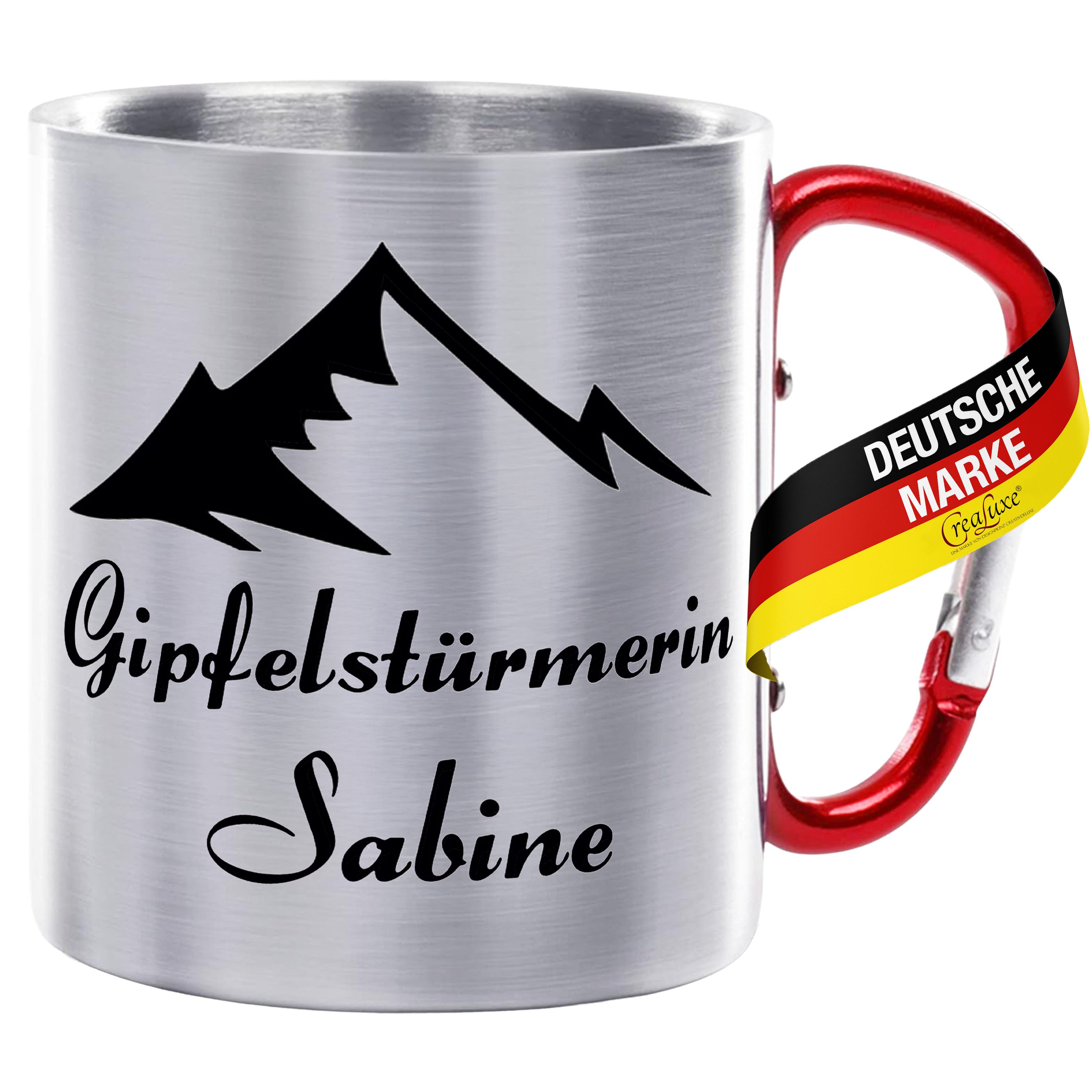 Edelstahltasse mit Karabiner - Gipfelstürmerin (Wunsch Name) - Tasse personalisiert - Kaffeetasse - Bürotasse - Personalisierte Geschenke - Personalisierte Tasse mit Namen