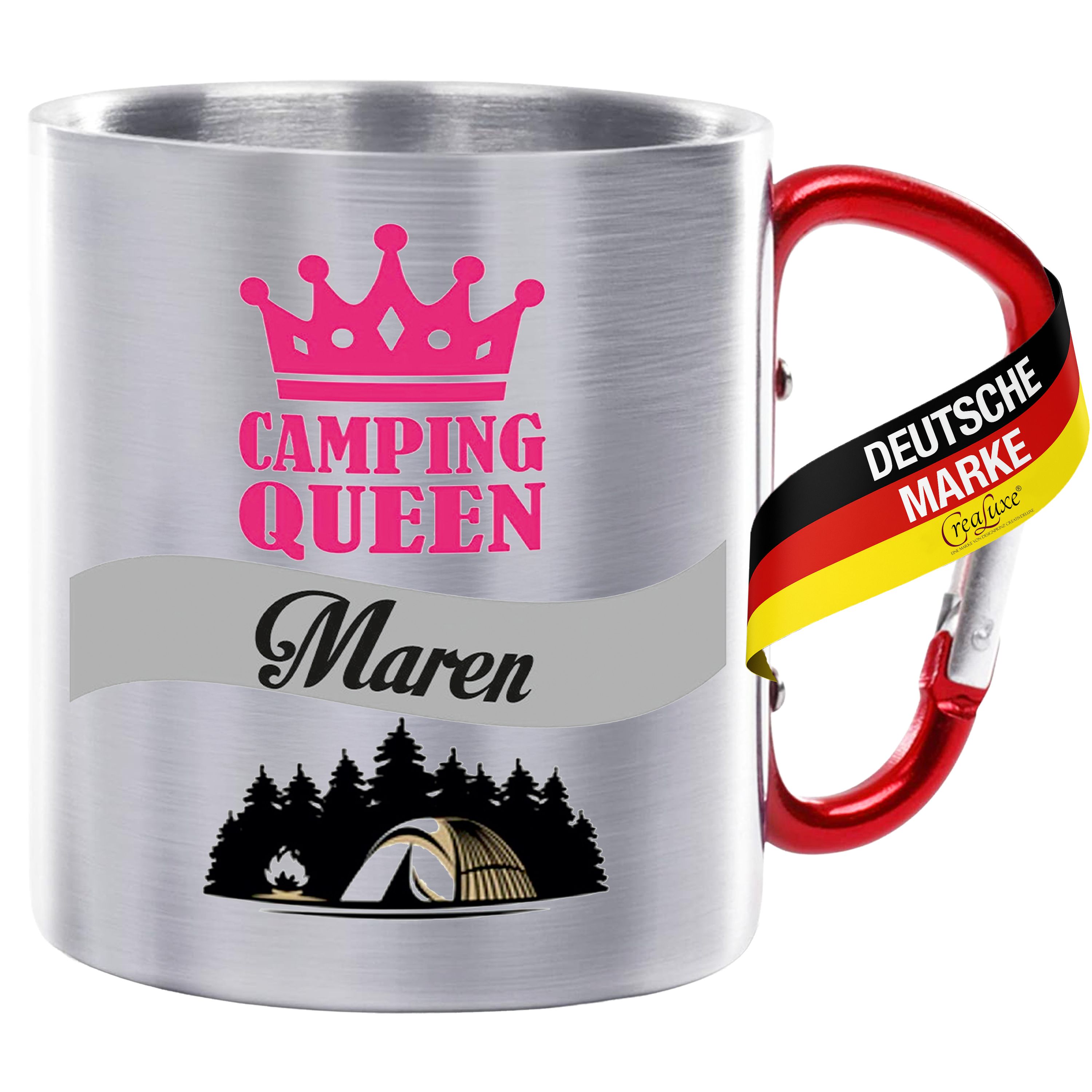 Edelstahltasse mit Karabiner - Camping - Queen Wunschname - Tasse personalisiert, Kaffeetasse, Bürotasse, Metalltasse mit Name