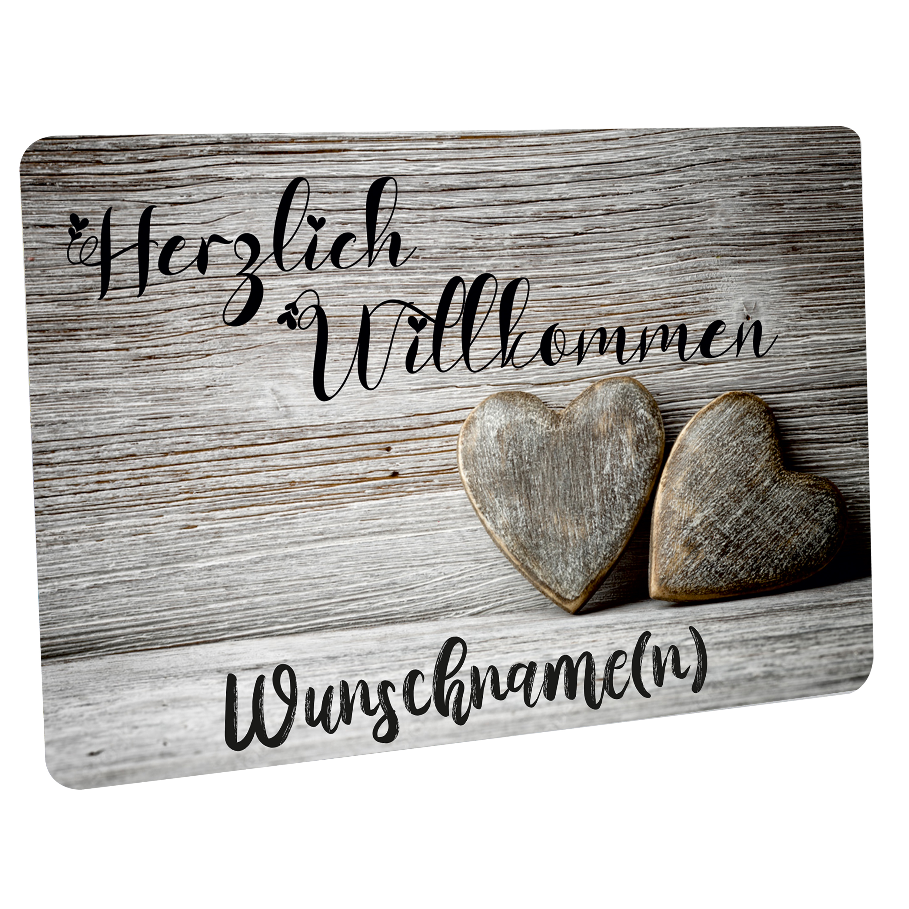 Crealuxe Fussmatte - 2 Herzen Grauer Holzhintergrund mit Name - 60x40 cm - Gummi Rückseite/rutschfest - Filzoberfläche - Bedruckte Türmatte - Innenmatte - Schmutzmatte