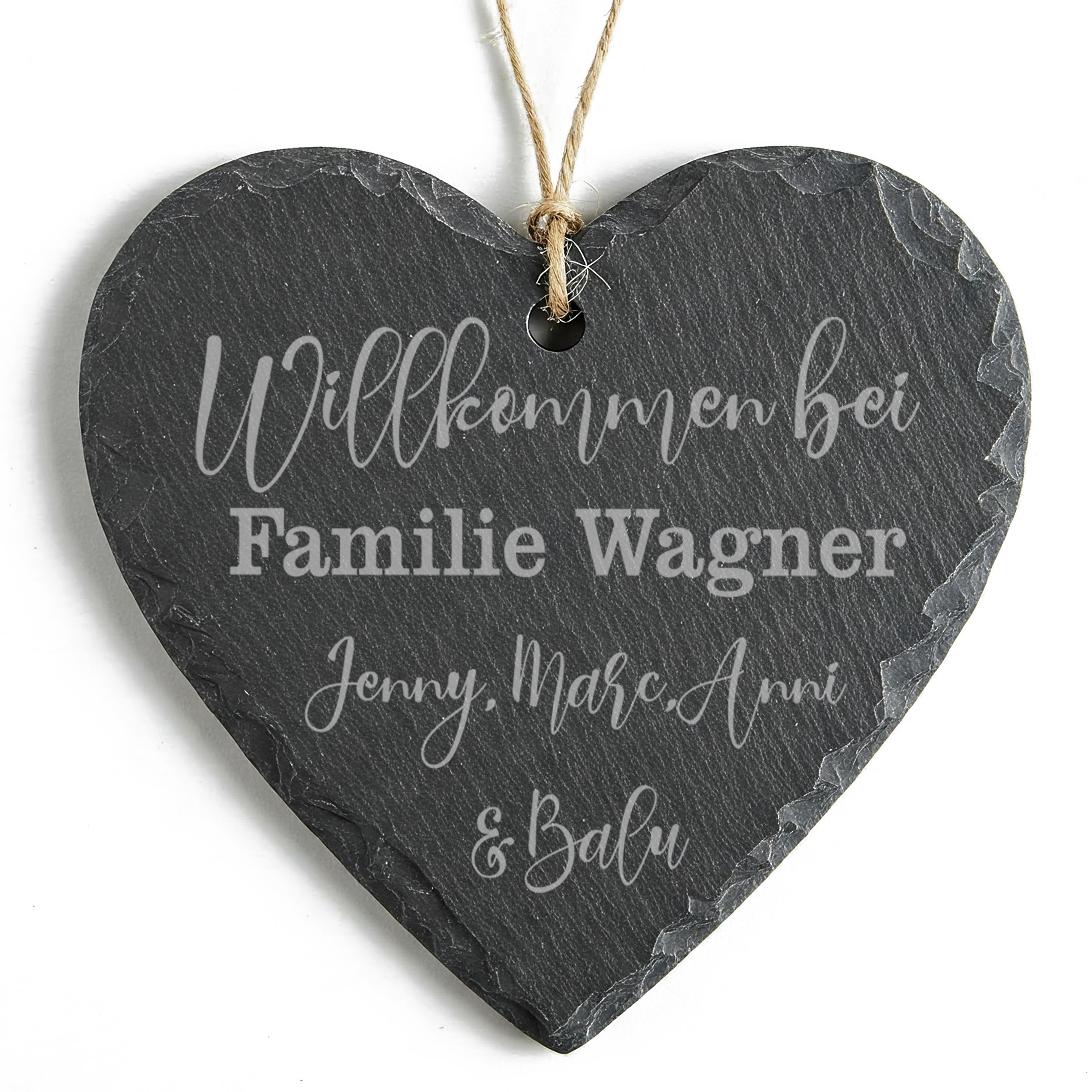 Herz aus Naturschiefer 30x30cm - Willkommen bei Familie - Geschenk zum Einzug ins Haus - Schieferherz mit Gravur